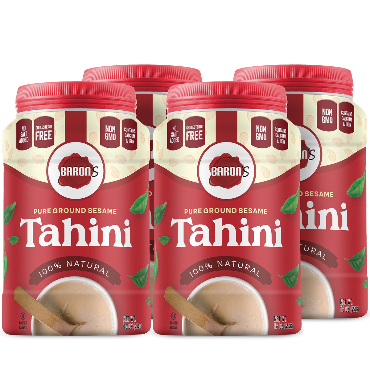 Baron's Tahini jar pouring, showcasing smooth consistency for easy blending.