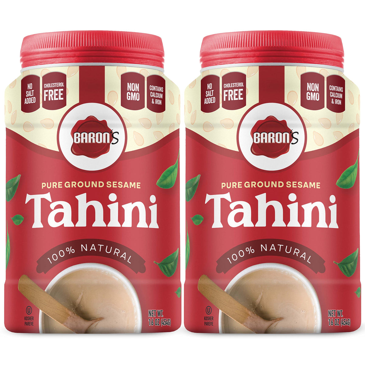 Baron's Tahini with smooth consistency in a jar for easy blending.