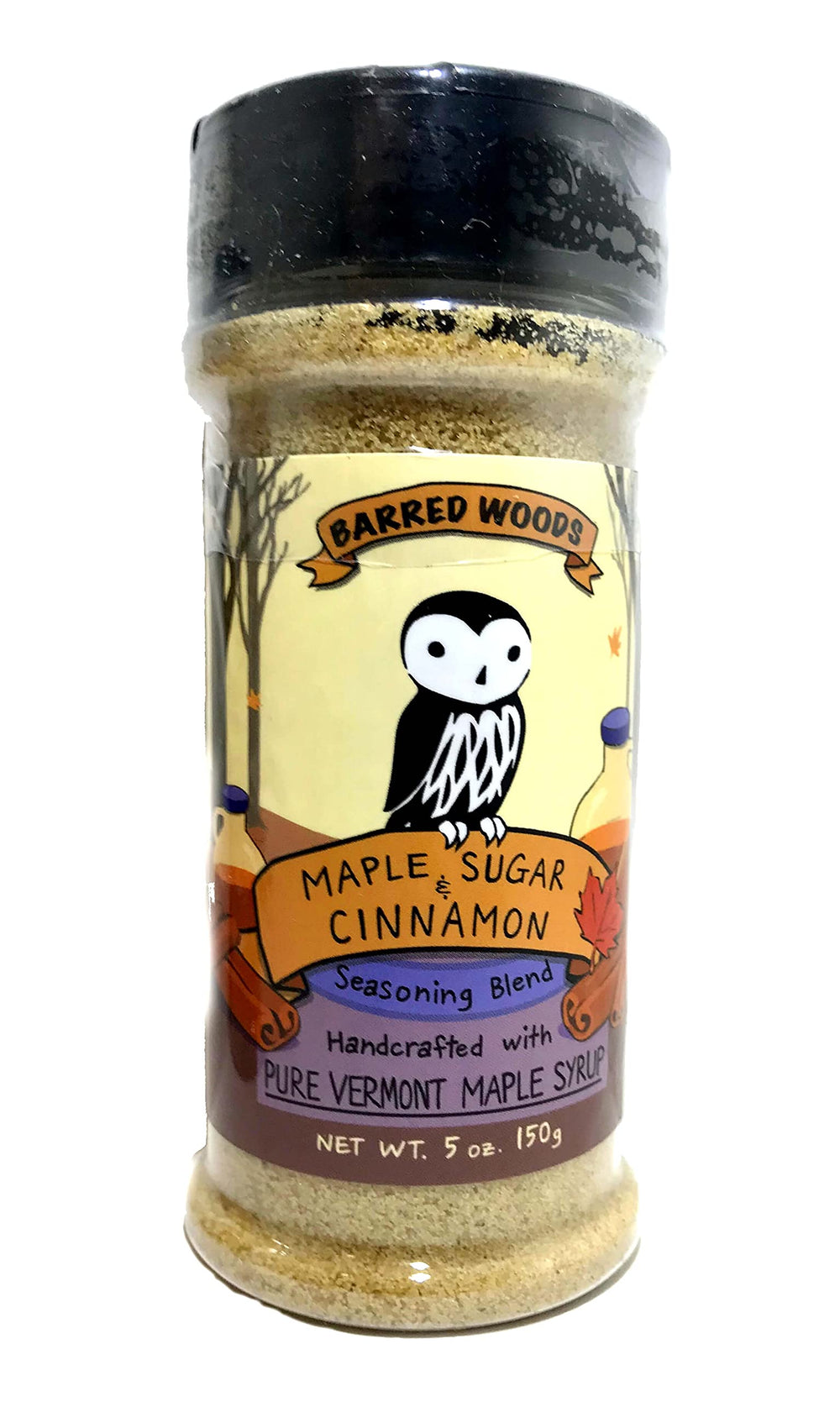 Barred Woods Maple Cinnamon Sugar jar shows pure Vermont maple flavor for easy topping and baking.