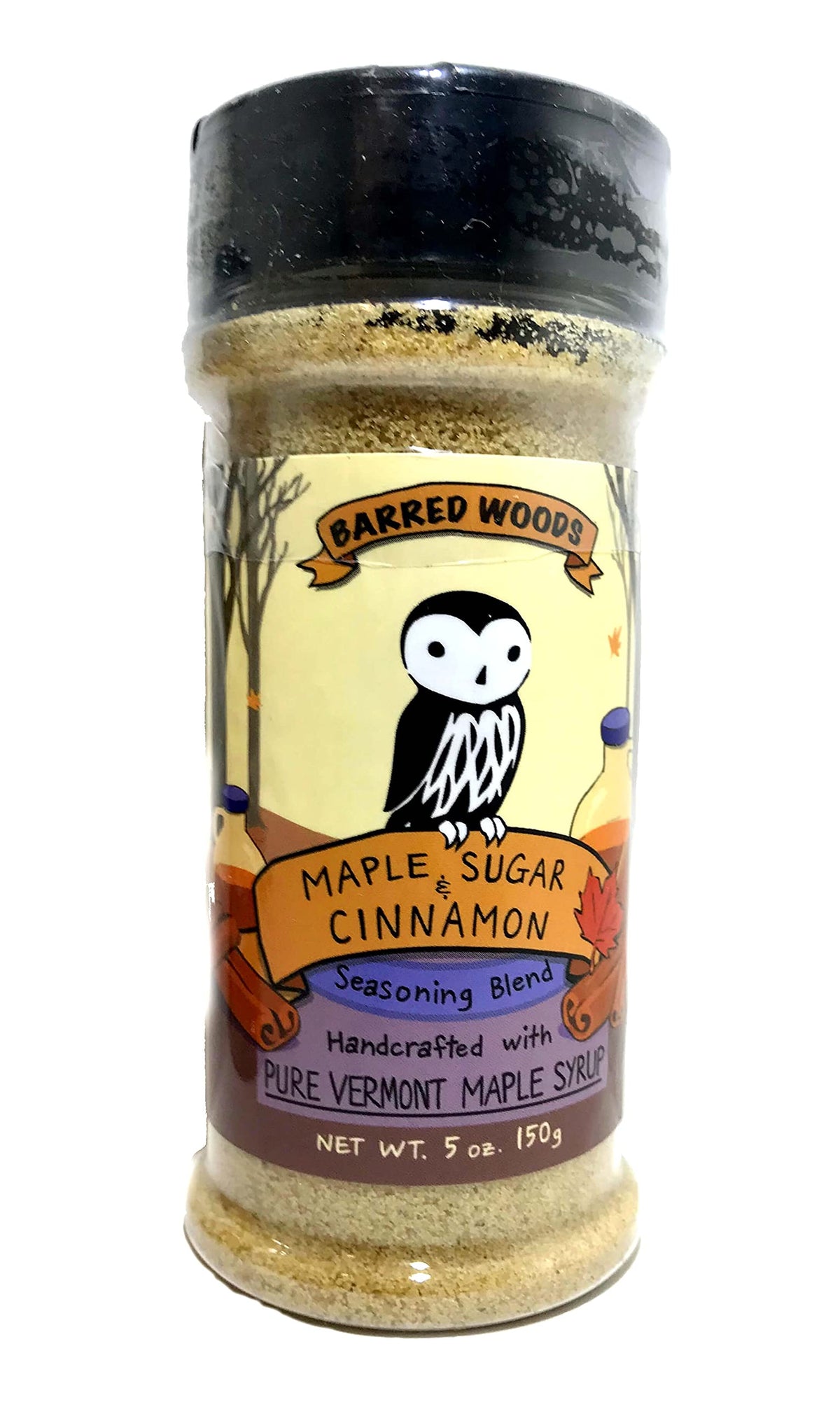 Barred Woods Maple Cinnamon Sugar jar shows pure Vermont maple flavor for easy topping and baking.