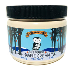 BARRED WOODS Maple Cream jar closeup, showcasing smooth, spreadable texture for toast
