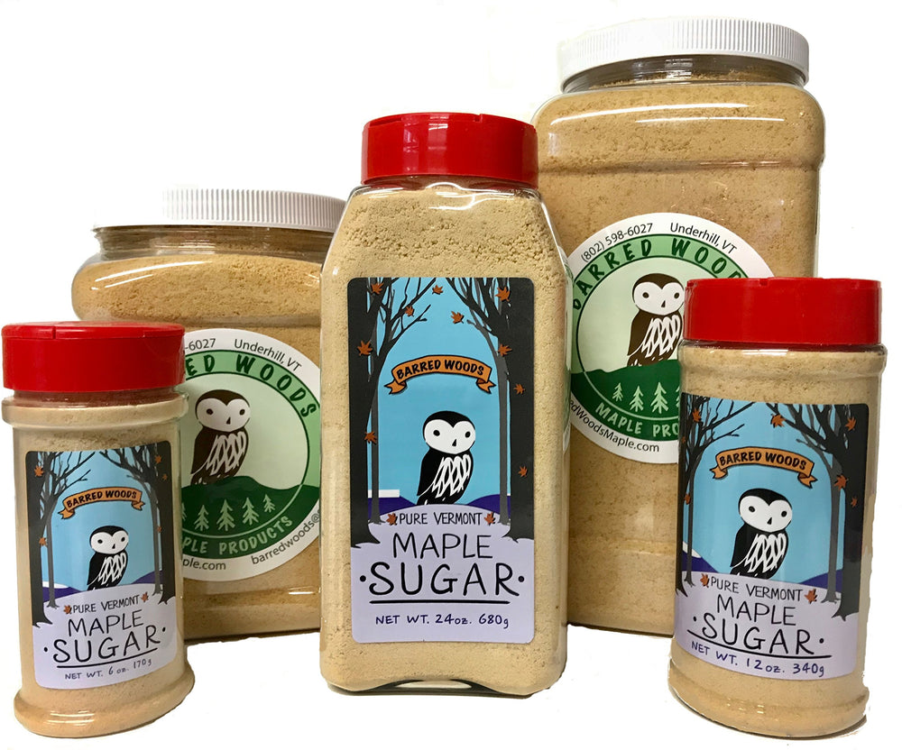 Barred Woods maple sugar packaging shows 3 lb jar ready for kitchen pantry