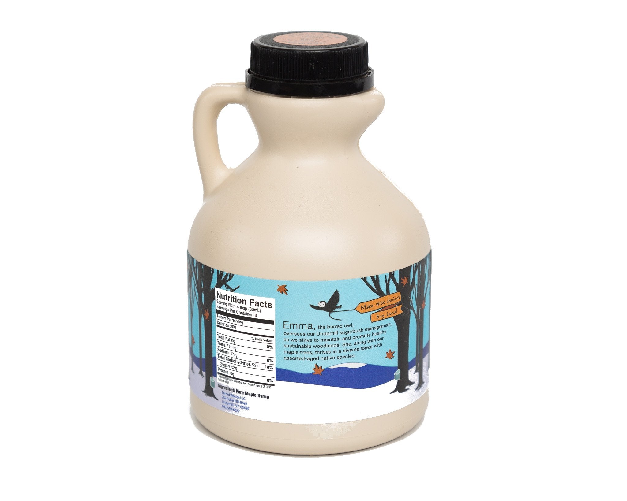 Barred Woods 16oz jug on the counter ready to sweeten oatmeal.