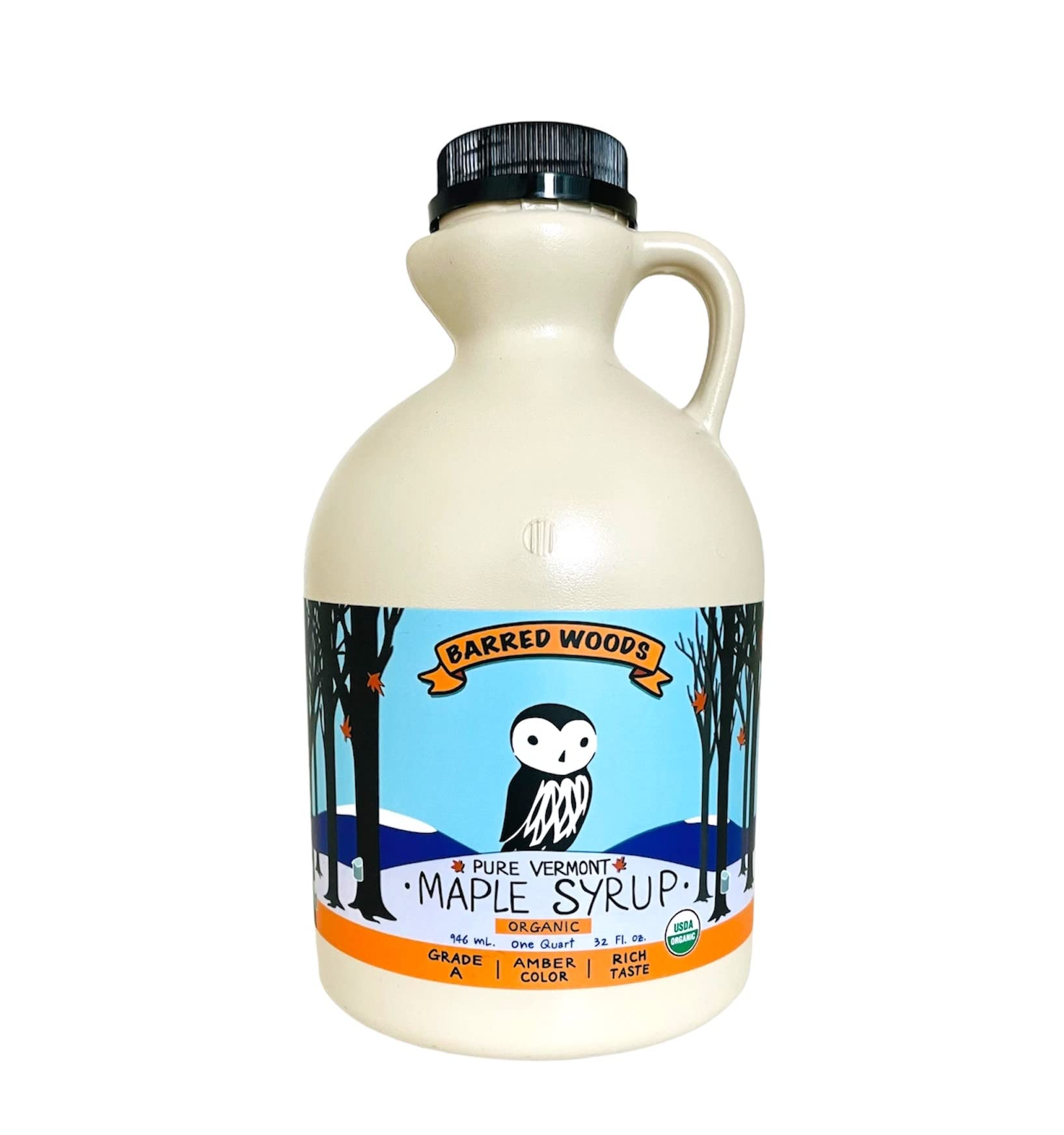 Barred Woods maple syrup bottle pour highlights rich amber sweetness ideal for pancakes