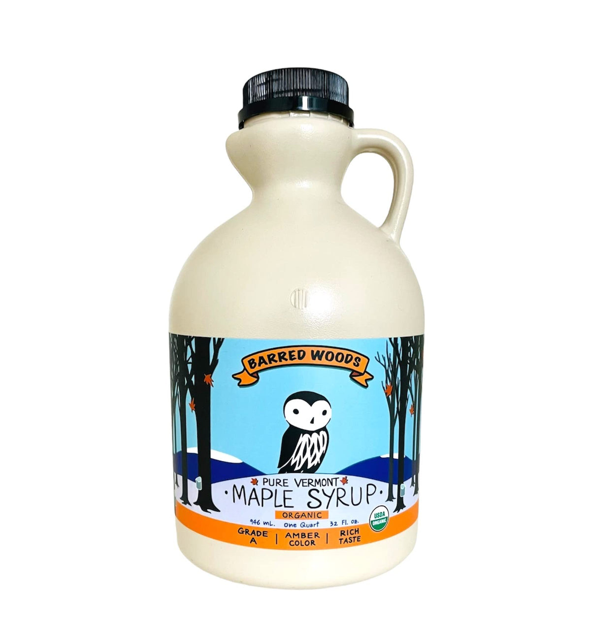 Barred Woods maple syrup bottle pour highlights rich amber sweetness ideal for pancakes