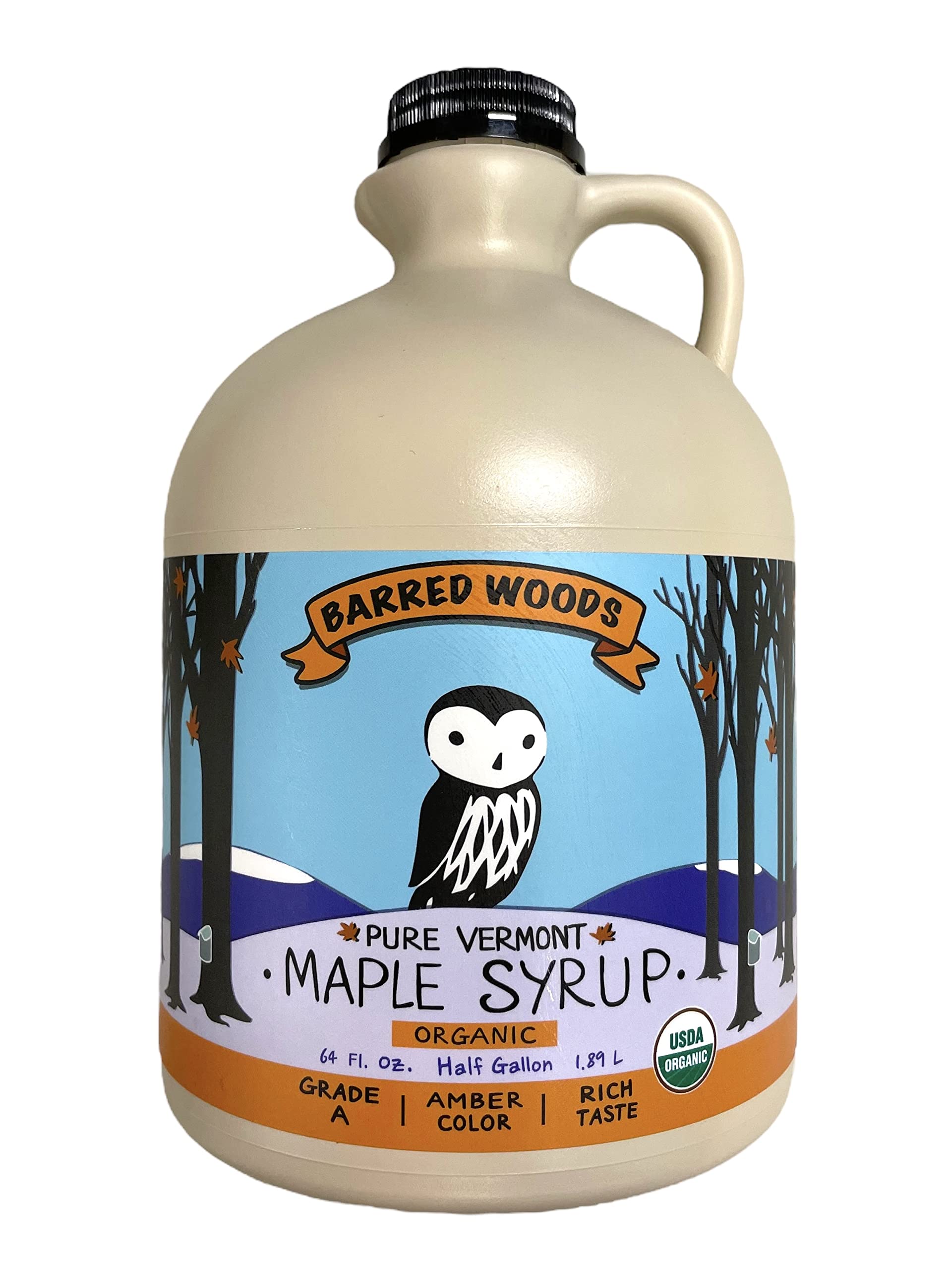 Barred Woods Maple Syrup half-gallon bottle ideal for breakfast