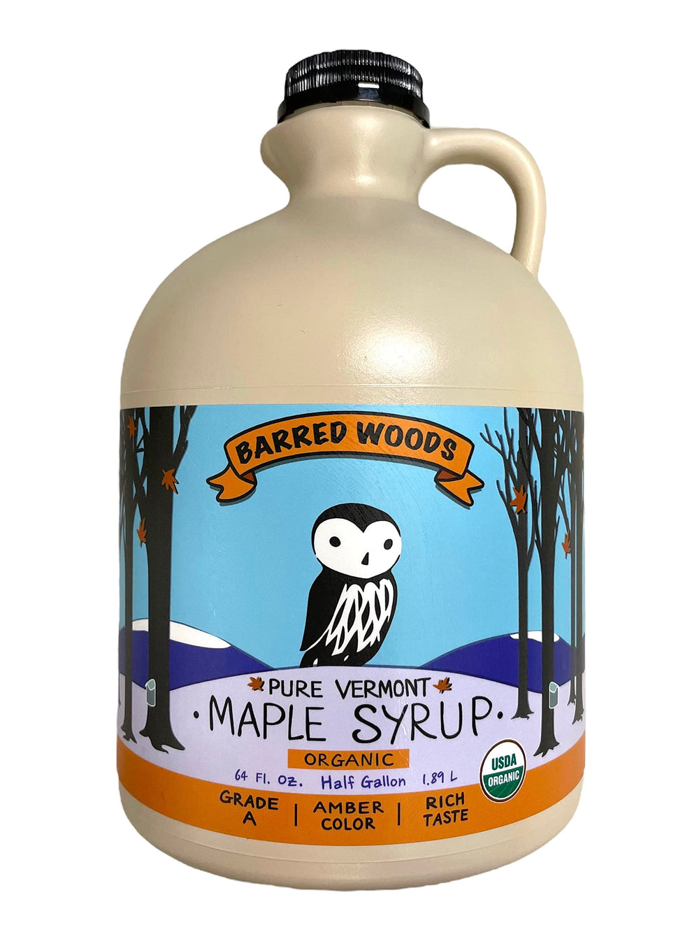 Barred Woods Maple Syrup half-gallon bottle ideal for breakfast