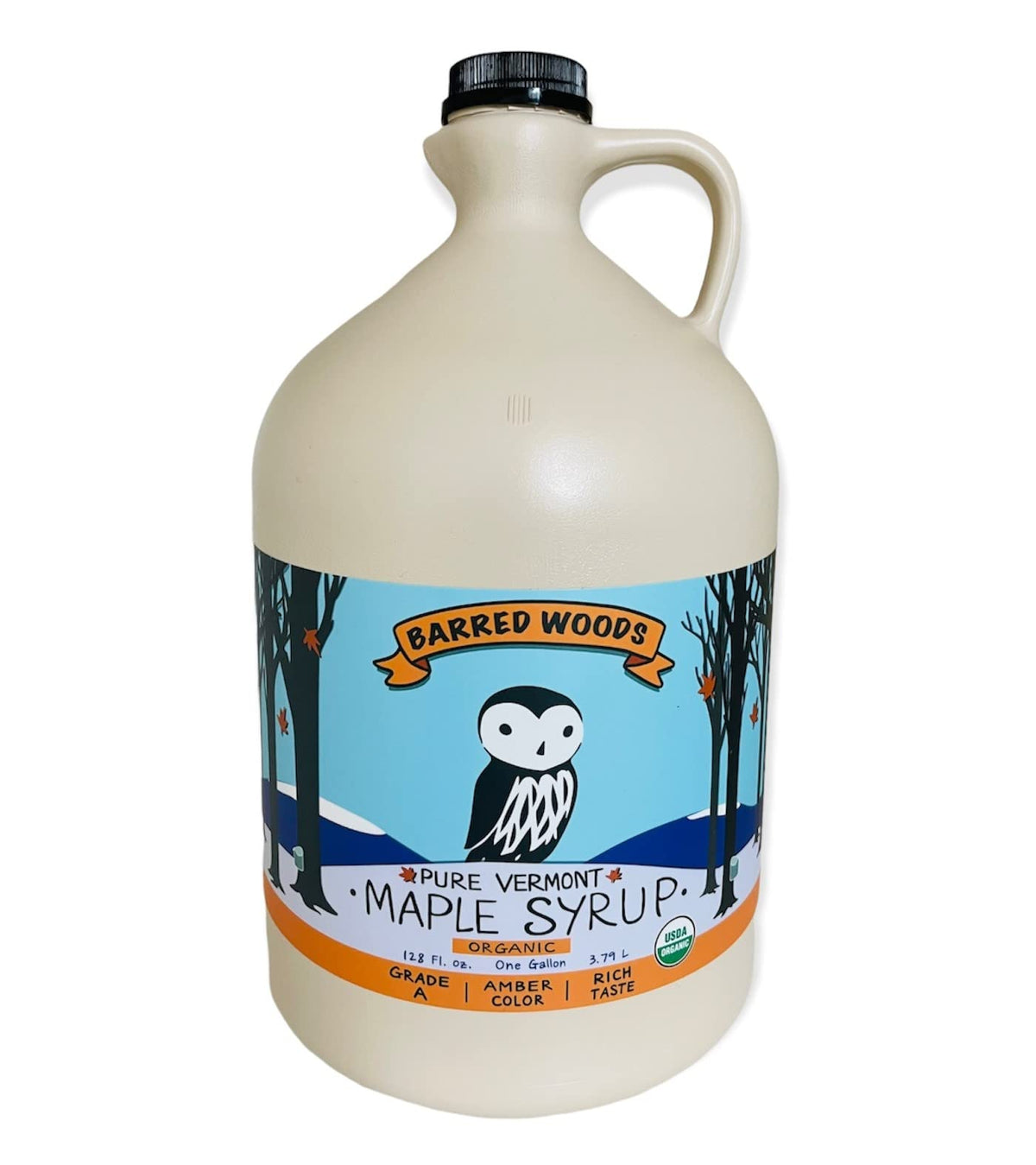 BARRED WOODS Organic Vermont maple syrup in a 1 gallon bottle for everyday use