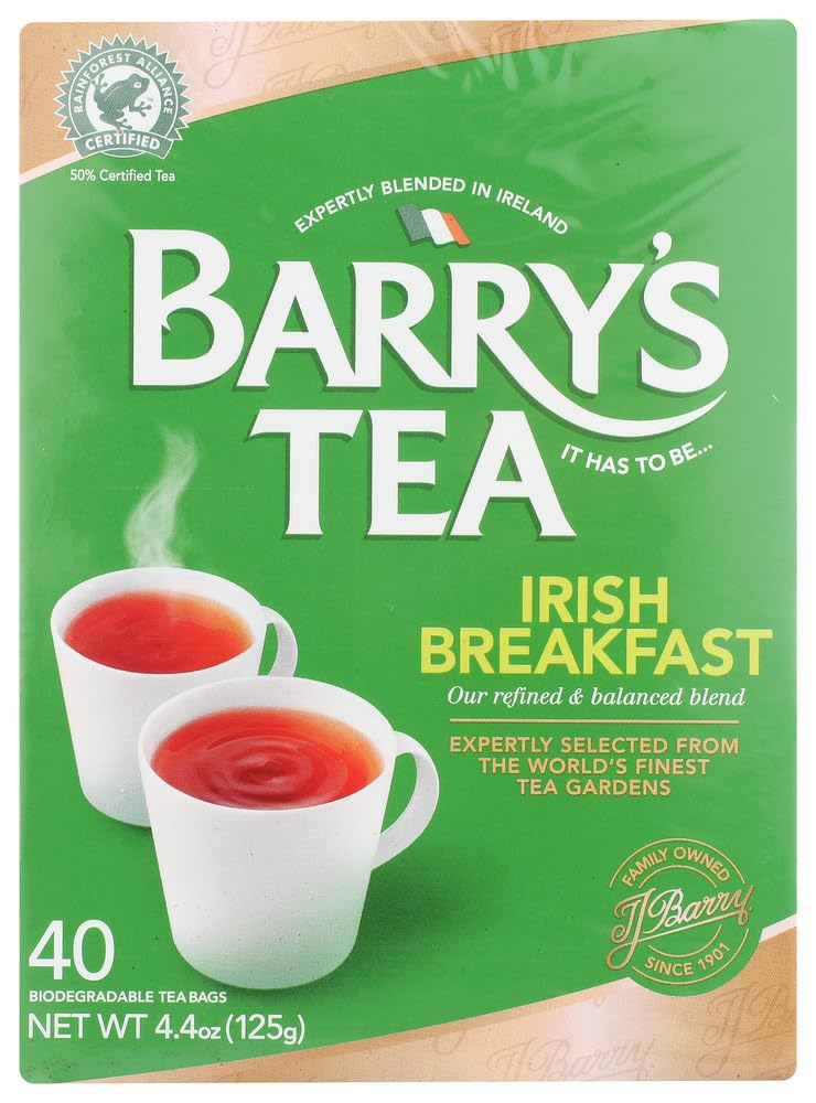 Barry's Irish Breakfast Tea bags in a box for a bold morning pick-me-up.