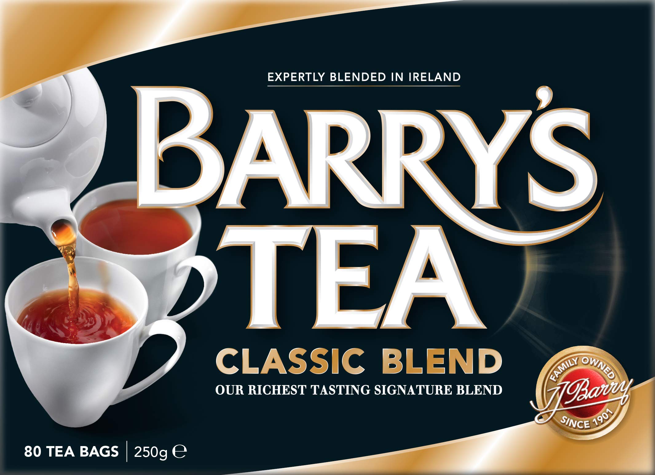 Barry's Tea Classic Blend box packaging highlights premium quality and easy storage