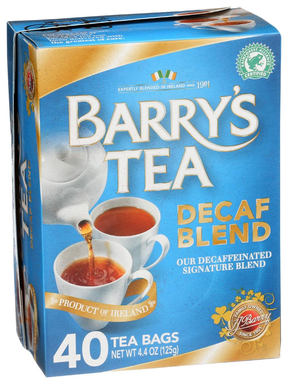 Barry's Tea Decaf packaging detail with weight and origin.