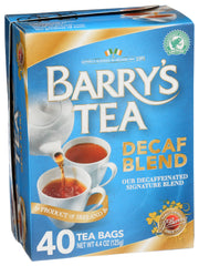 Barry's Tea Decaf packaging detail with weight and origin.