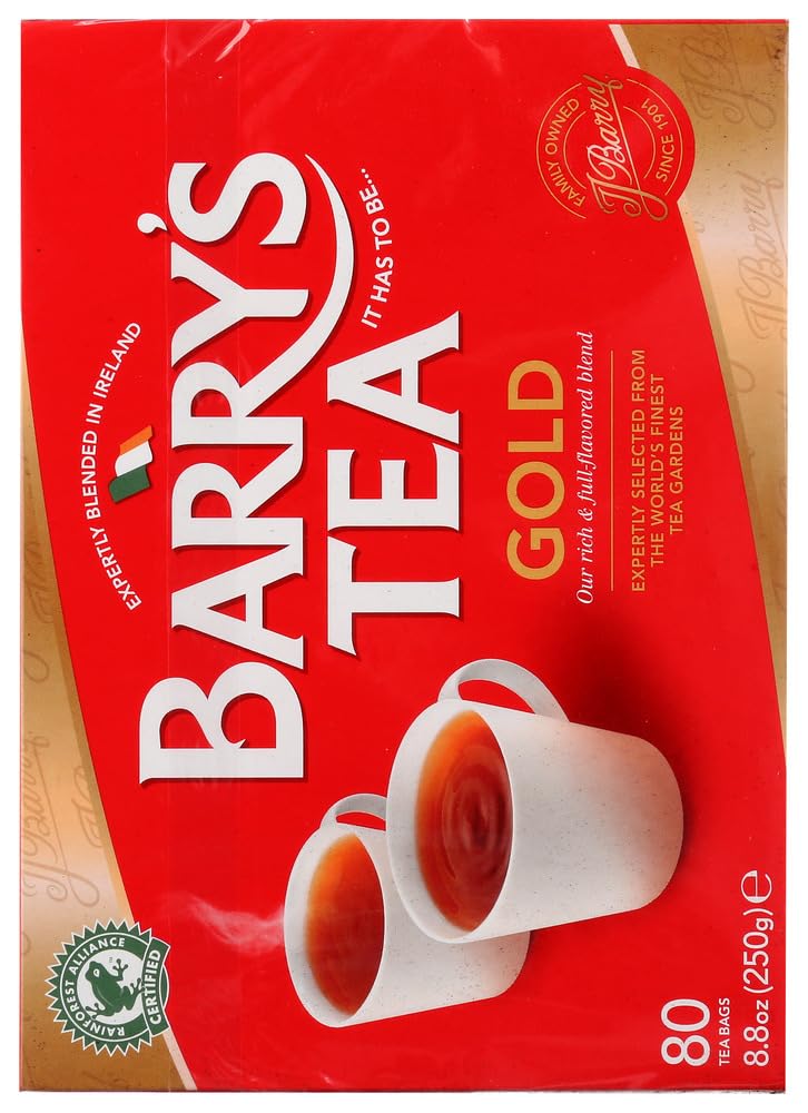 Close-up of Barry's Tea Gold Blend box showing 80-count packaging for easy daily ritual.