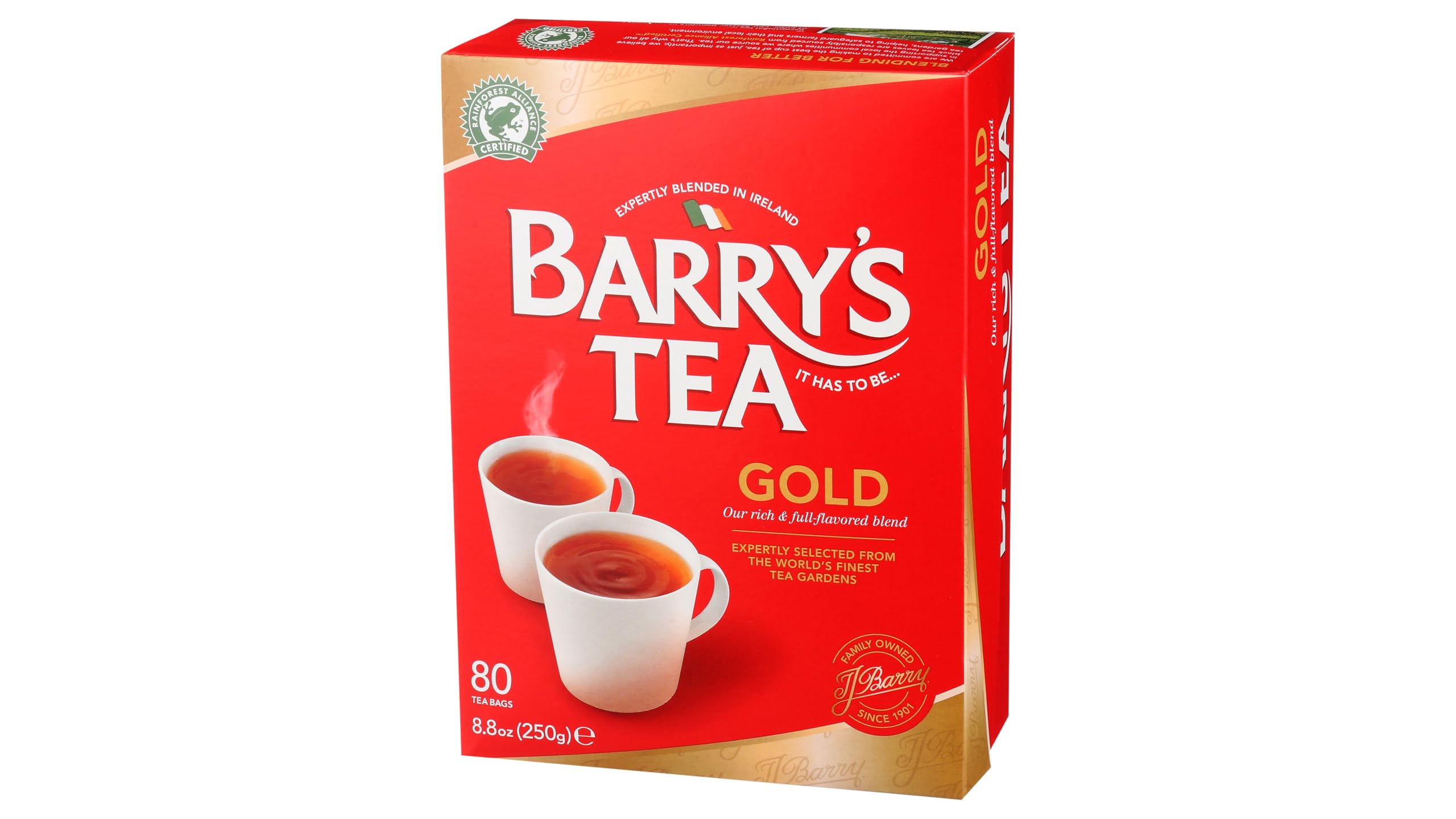 Barry's Tea Gold Blend 80-count tea bags for a smooth, natural brew.