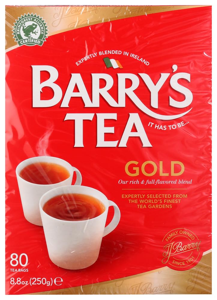 Barry's Tea Gold Blend tea bags in a front view for a bright morning cup.