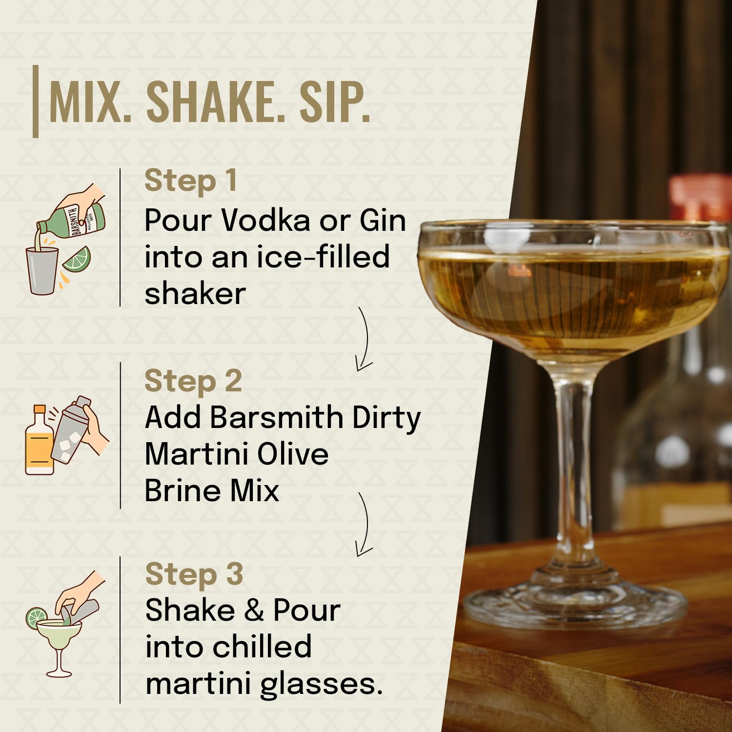 Home bartender using Barsmith mix for a refined dirty martini