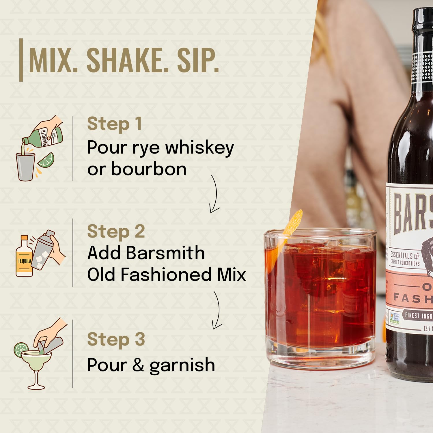 Barsmith bottle on a home bar with jiggers for quick, bar-quality drinks