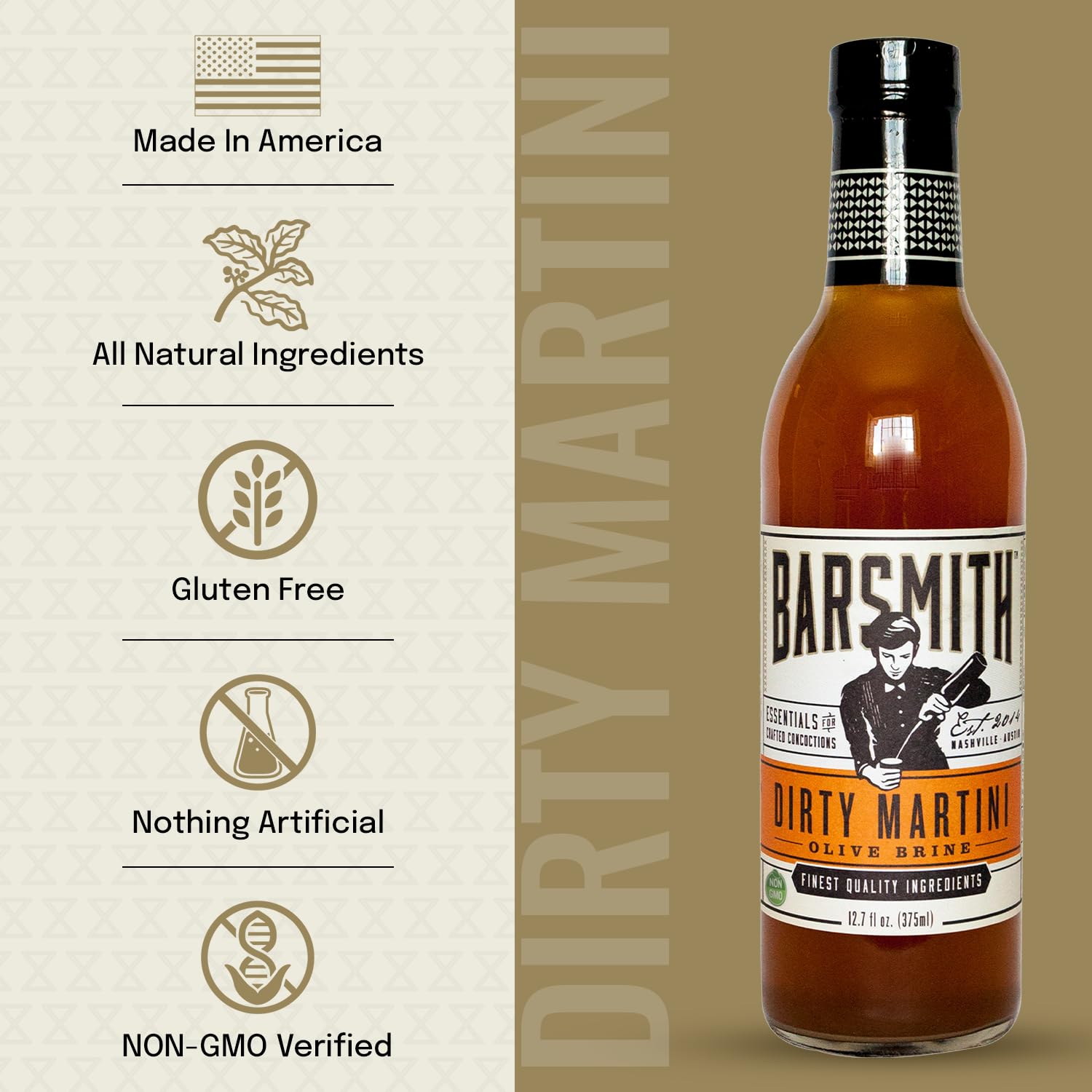 Barsmith Dirty Martini Mix being poured for a classic martini