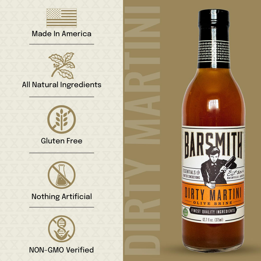 Barsmith Dirty Martini Mix being poured for a classic martini