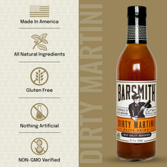 Barsmith Dirty Martini Mix being poured for a classic martini