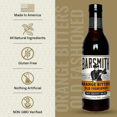 Barsmith Orange Bitters ingredients close-up, natural flavors and non-GMO promise.