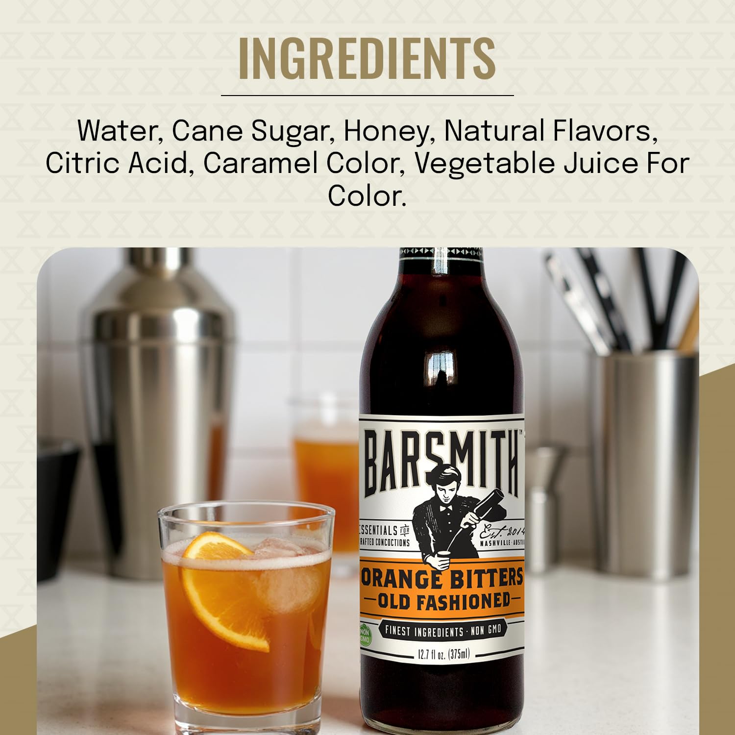Barsmith Orange Bitters with whiskey sour and Manhattan imagery for versatile use.