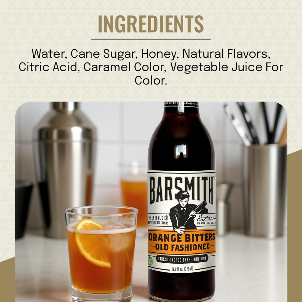 Barsmith Orange Bitters with whiskey sour and Manhattan imagery for versatile use.