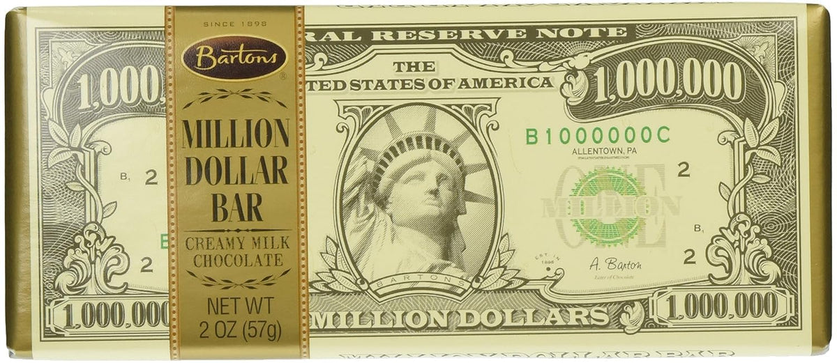 Barton's Million Dollar Milk Chocolate Bar wrapper showcases a playful premium treat.