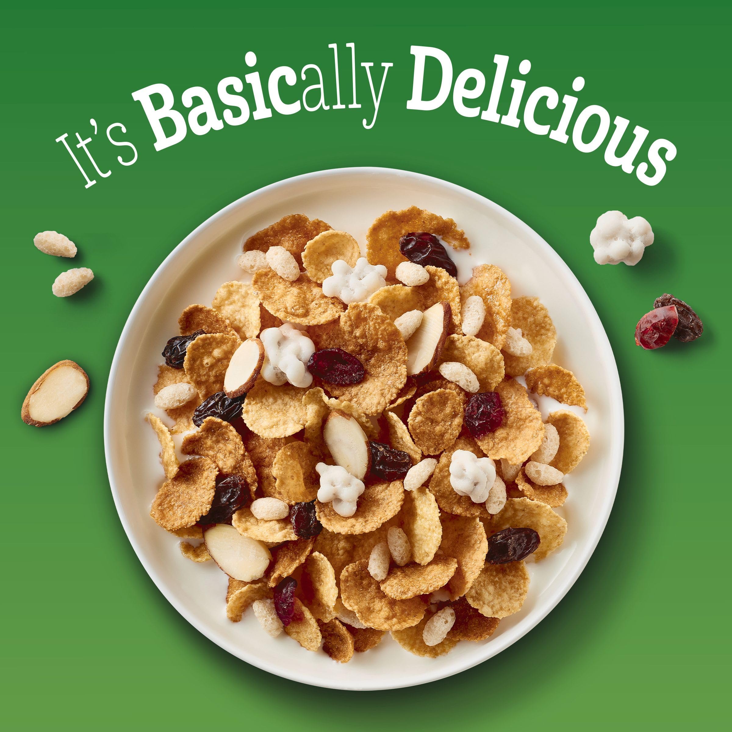 Basic 4 fruit and nut closeup—fruit, nuts, vanilla clusters; great with milk.