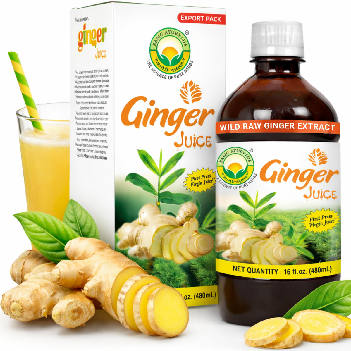 Basic Ayurveda Ginger Juice bottle with first press extract for daily wellness.