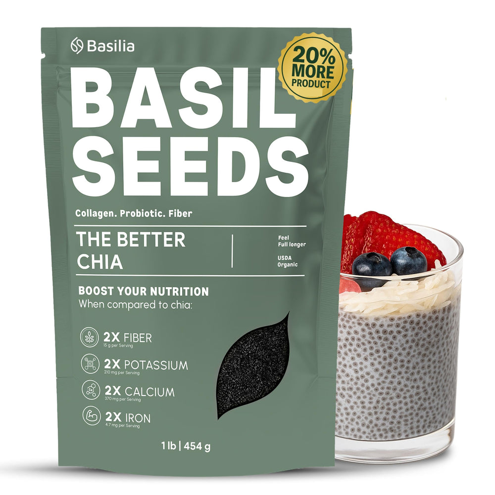 Basilia Organic Basil Seeds bottle-front, ready to boost fiber in breakfast smoothies