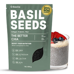 Basilia Organic Basil Seeds bottle-front, ready to boost fiber in breakfast smoothies