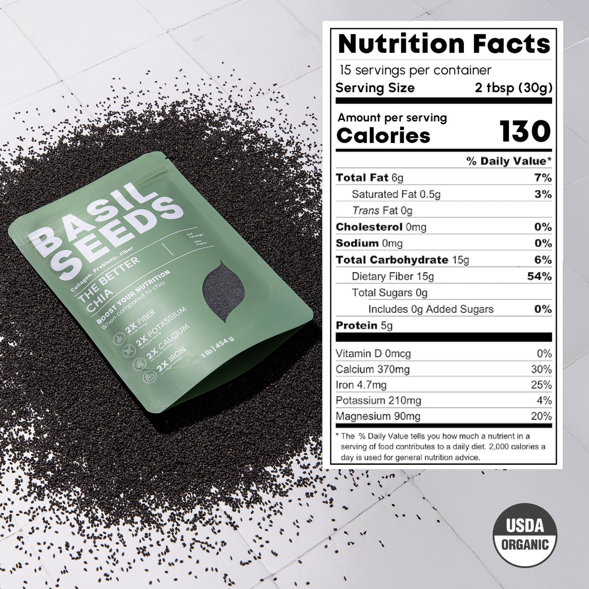 Basilia Organic Basil Seeds soaked 5 minutes, forming a gentle gel for digestion-friendly texture