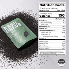 Basilia Organic Basil Seeds soaked 5 minutes, forming a gentle gel for digestion-friendly texture