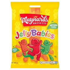 Bassett's Jelly Babies 165g bags on shelf, colorful fruit flavors for sharing.