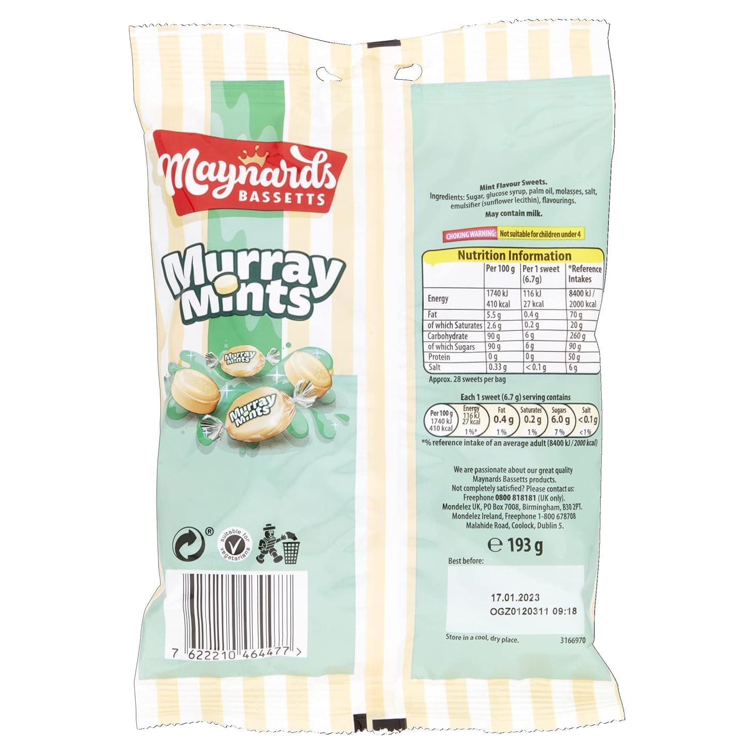 Bassetts Murray Mints pack side view, convenient three-pack for office breaks.