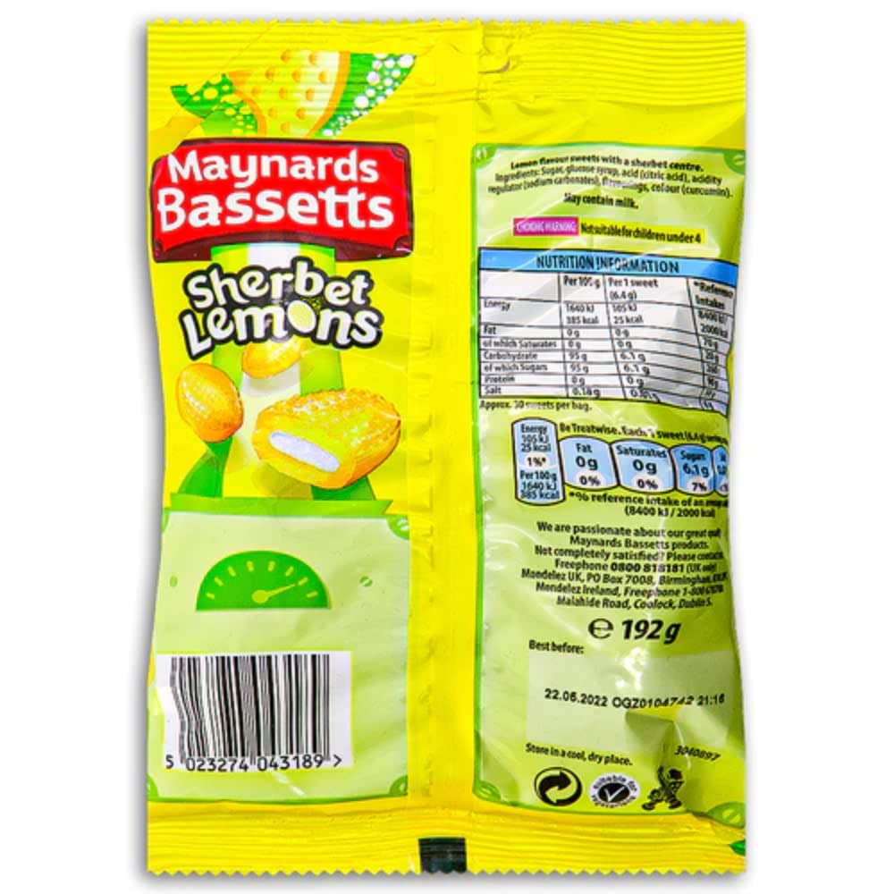 Bassett's Sherbet Lemons 192g 3-pack closeup, hard lemon candy with fizzy center
