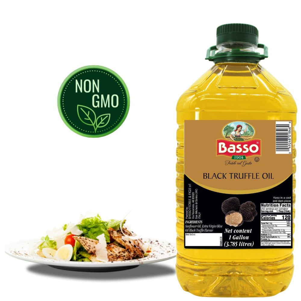 Pasta dish with drizzle of BASSO 1904 truffle oil for enhanced aroma