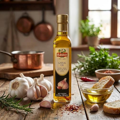 Pouring BASSO 1904 Garlic Oil reveals a glossy infusion perfect for sautéing and finishing.