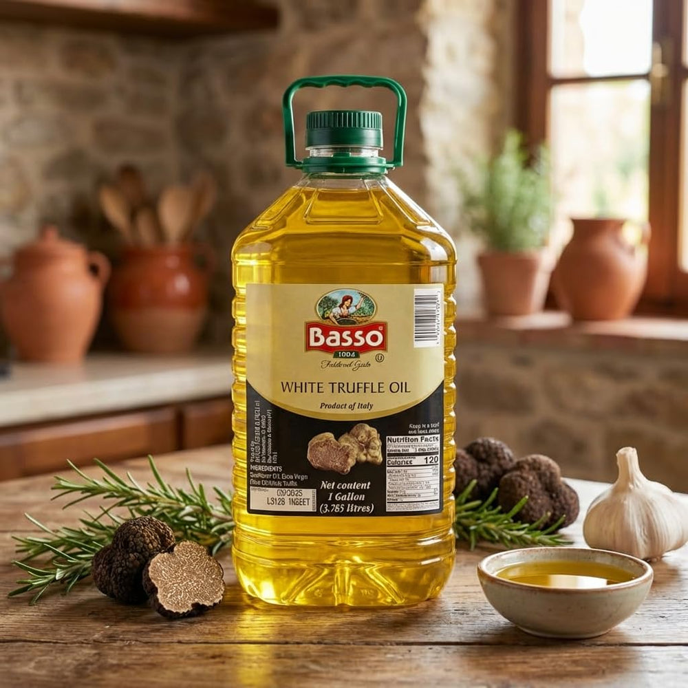 Elegant kitchen shot showing BASSO 1904 oil as gourmet finishing touch