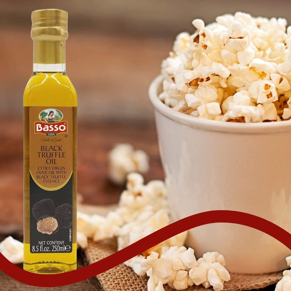 Italian BASSO 1904 truffle oil in glass bottle on counter