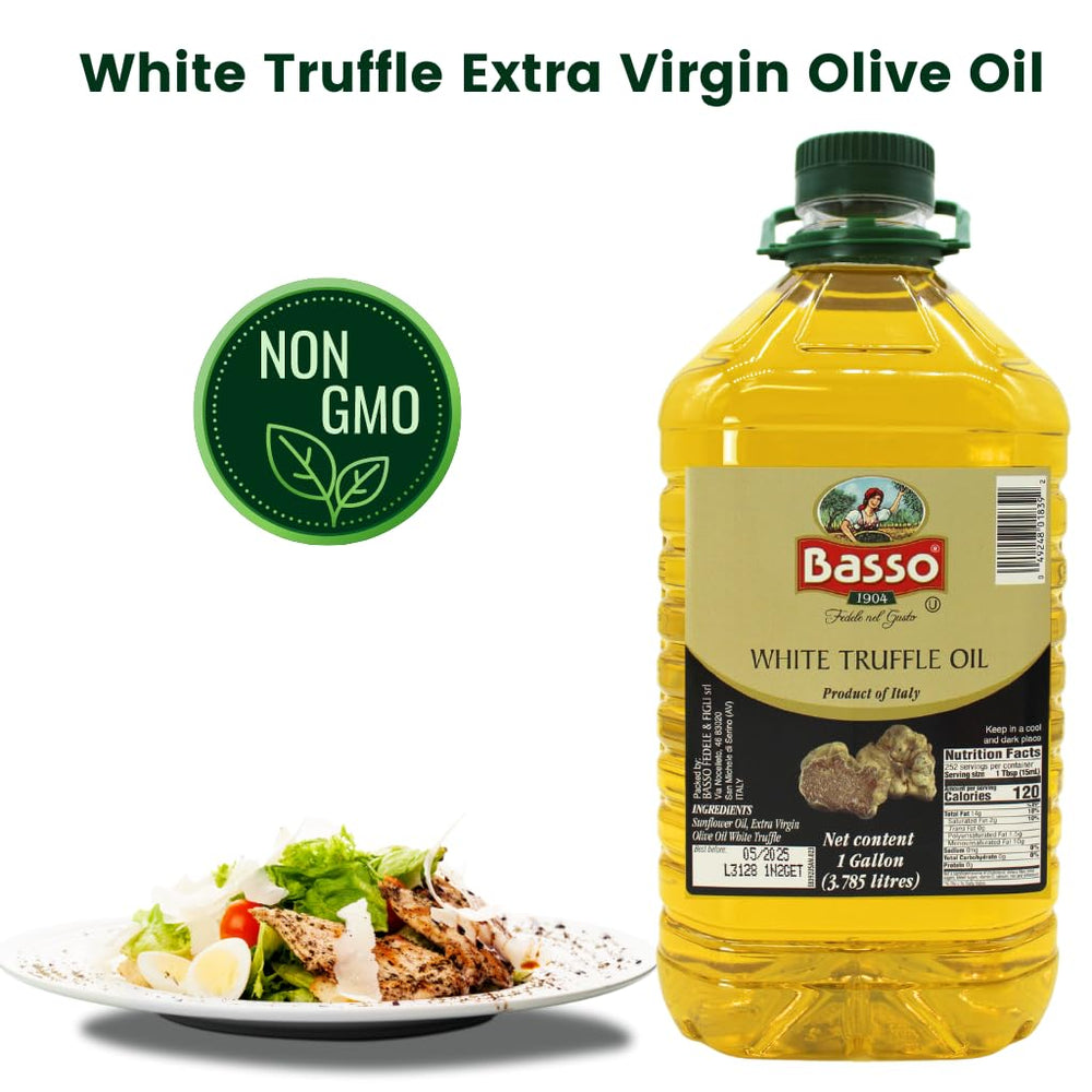 BASSO 1904 olive oil and truffle blend bottle on kitchen counter.