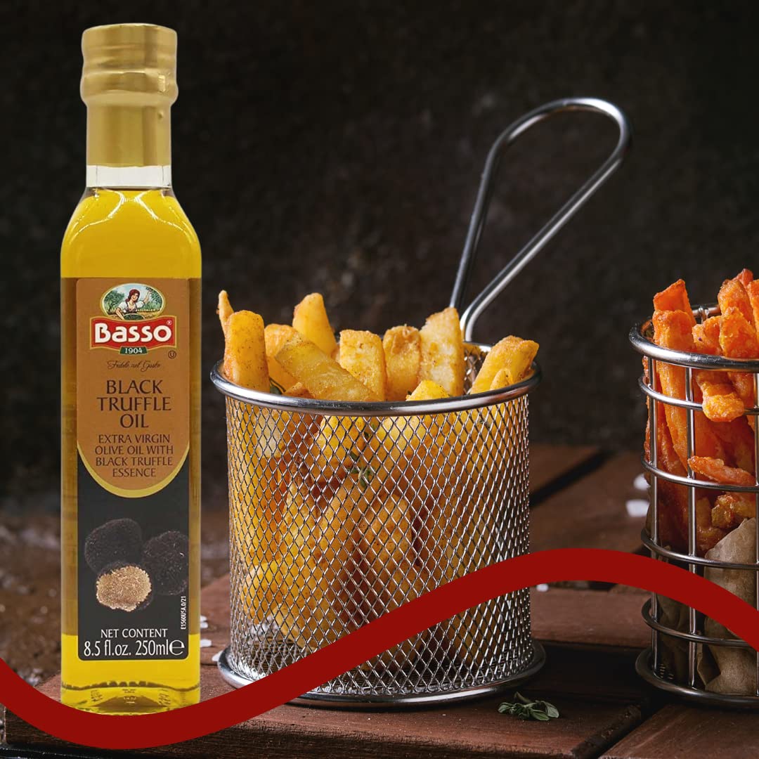 Closeup of BASSO 1904 bottle highlighting premium truffle oil