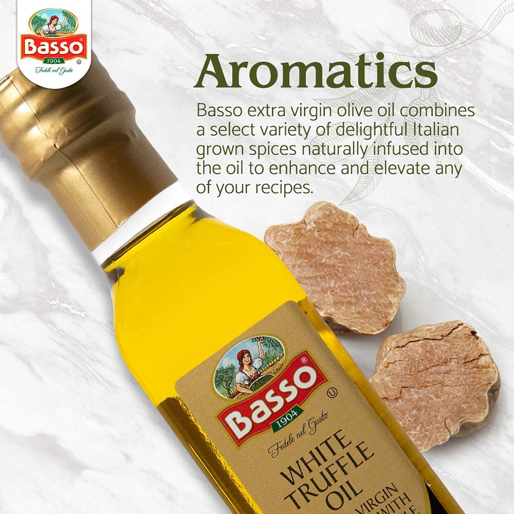 Drizzle of BASSO 1904 truffle oil in a dressing bowl for finishing touch.