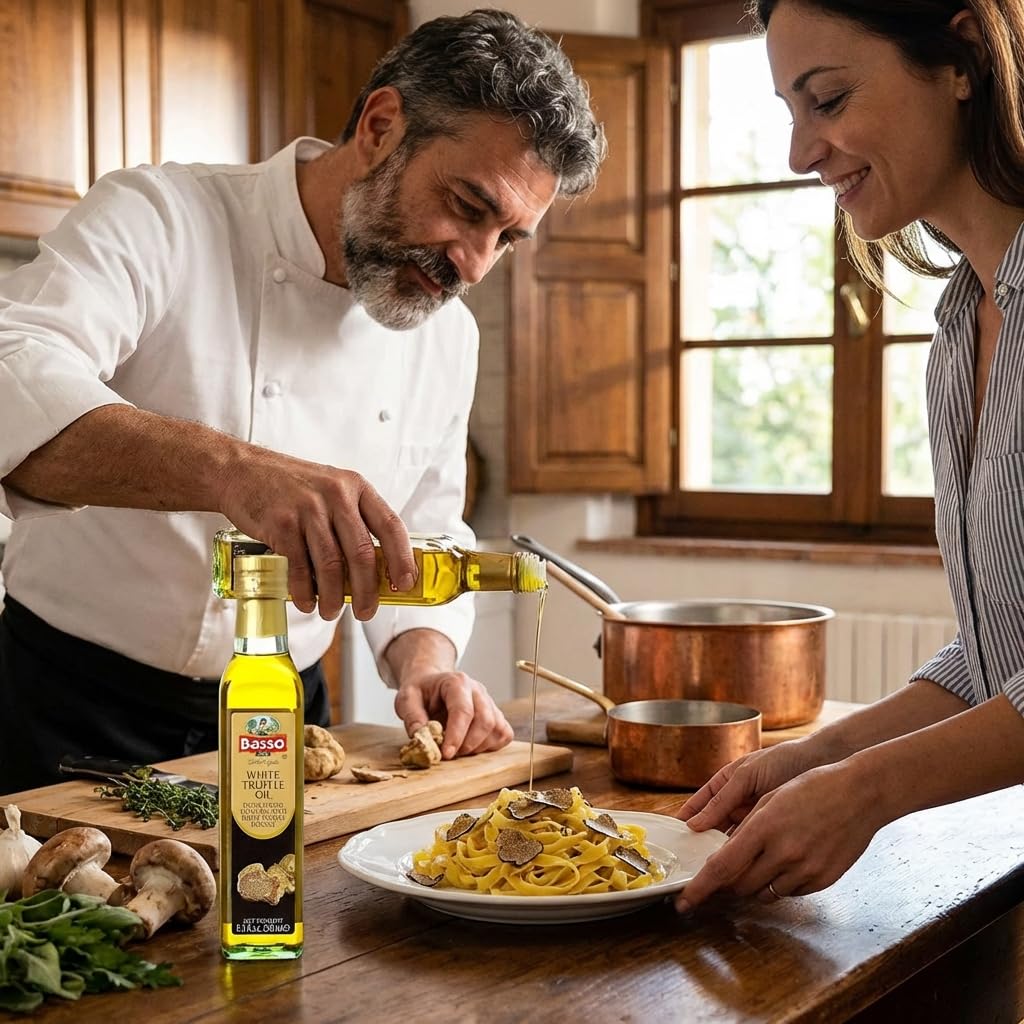 Close-up of the BASSO 1904 label on truffle oil bottle highlighting premium ingredients.