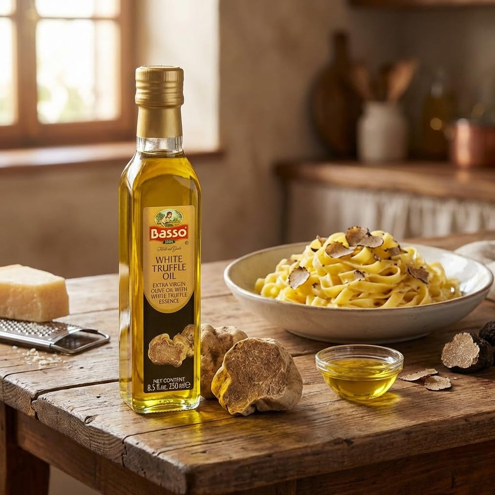 Gourmet salad accented with BASSO 1904 white truffle oil drizzle.