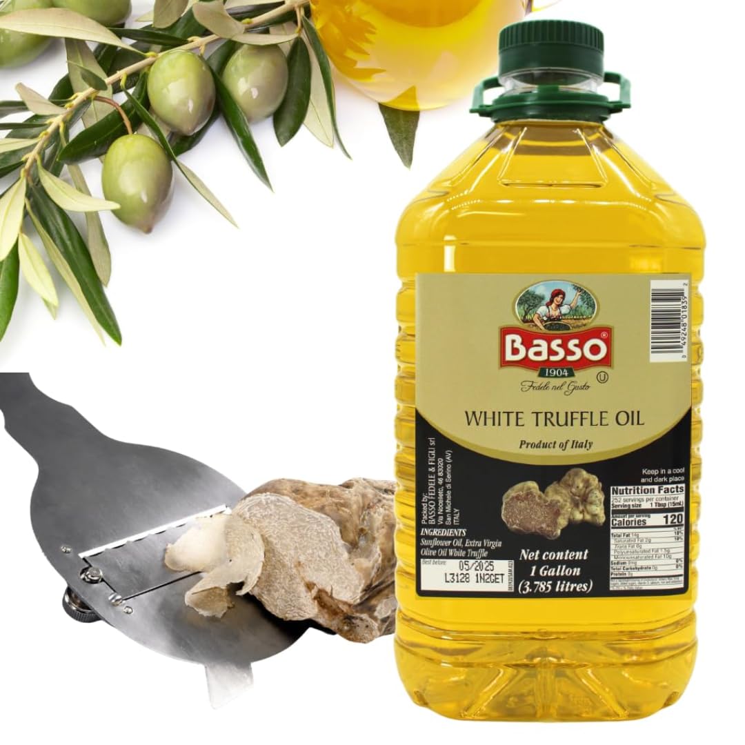 BASSO 1904 white truffle oil being poured over pasta for depth.
