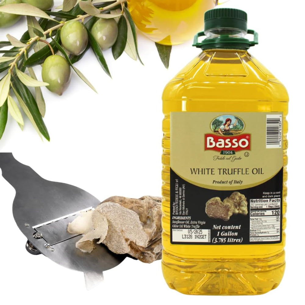 BASSO 1904 white truffle oil being poured over pasta for depth.
