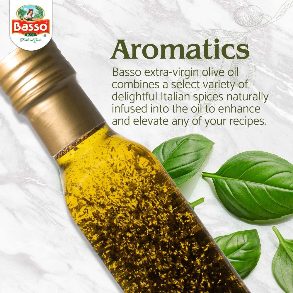 Basso 1904 garlic-infused bottle pour setup for dipping and finishing meals.