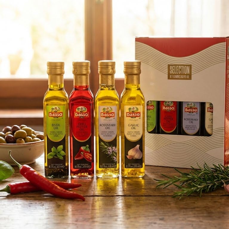 Basso 1904 chili pepper-infused olive oil bottle adds a gentle kick to pastas and pizzas.